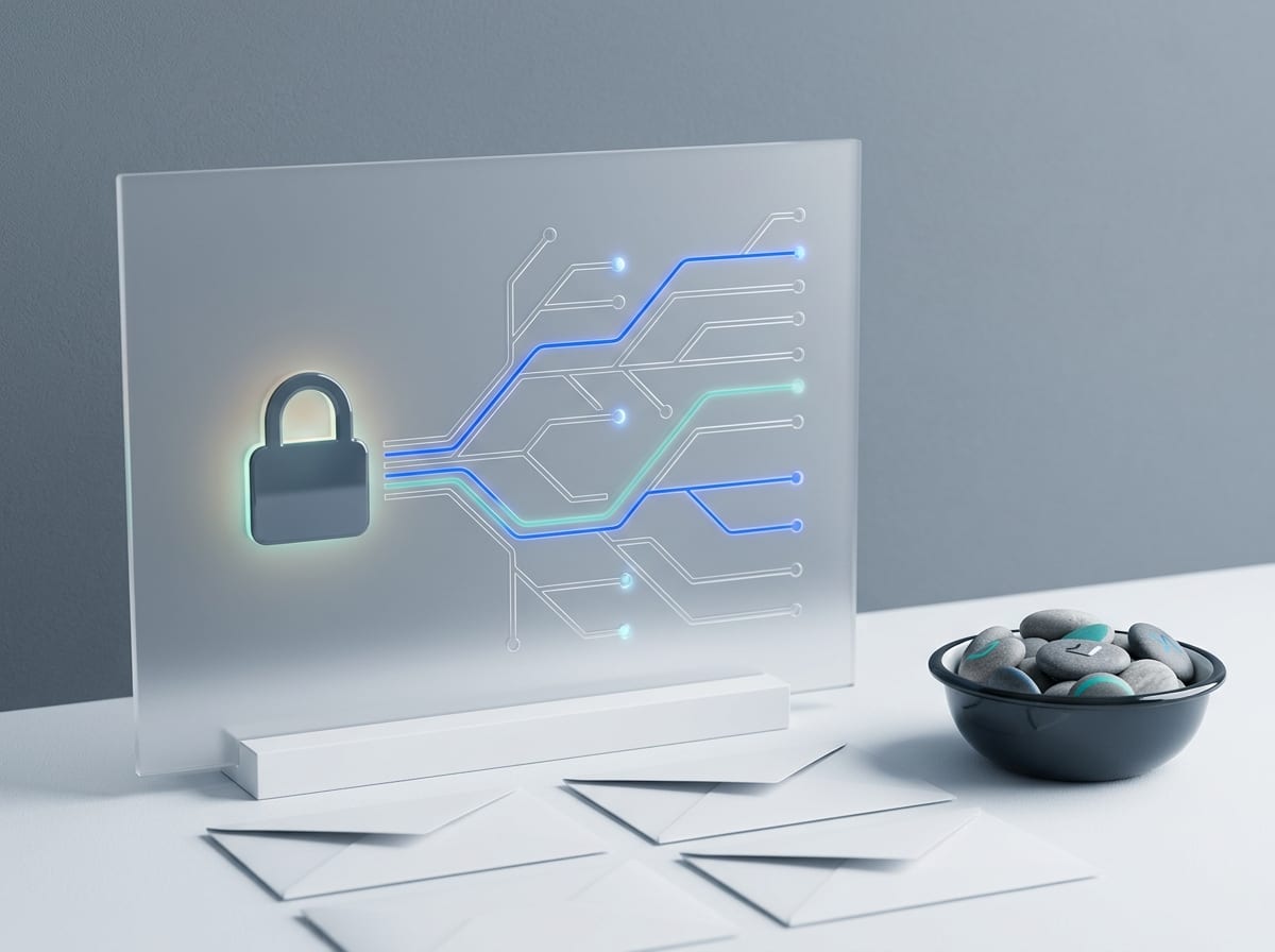 Abstrakcyjny schemat z kłódką i kopertami sugerujący konfigurację DNS, certyfikatu SSL i poczty
